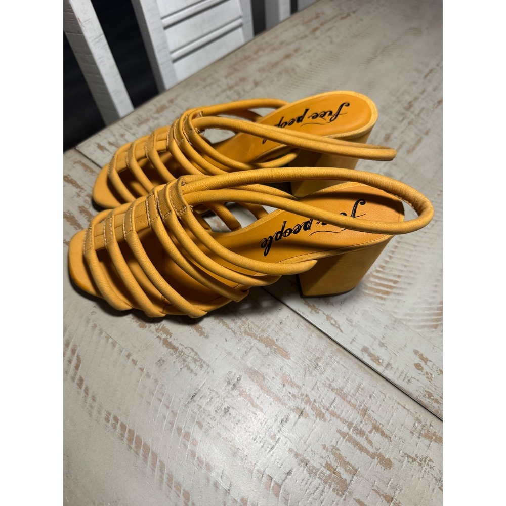 Free People Mustard Yellow Strappy Block Heel Sandals Size 38 Square Toe